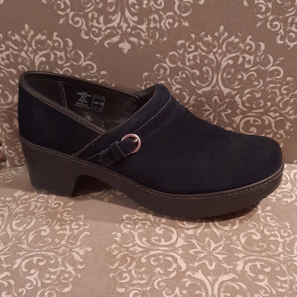 blue suede clogs